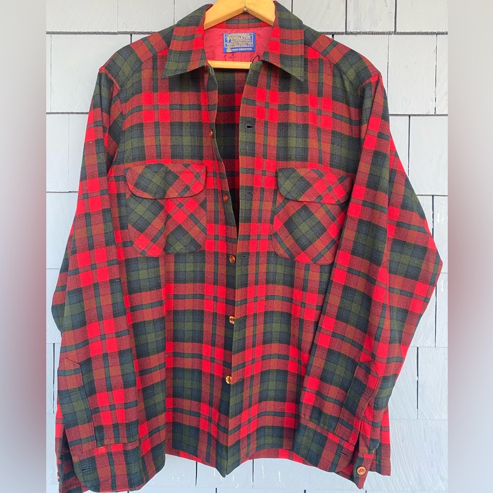Rare Vintage 60s Pendleton Wool Board Shirt Red Green Plaid M Medium Made in USA